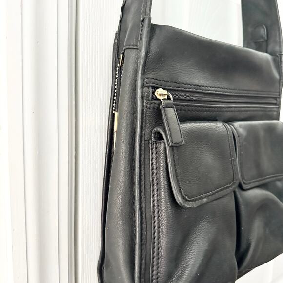 Fossil Vintage Black Leather 75082 Multi Pocket Top Zip Shoulder Bag Key Fob - Picture 3 of 11